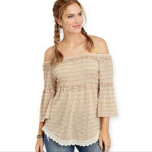 NWT Maurice's Tan White Stiped Smocked Off the Shoulder Top Lace Women 1 Boho